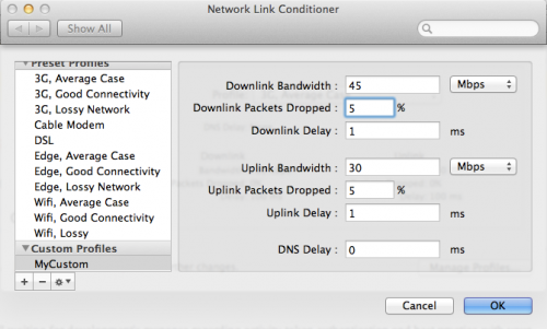 Network Link Conditioner Custom Values