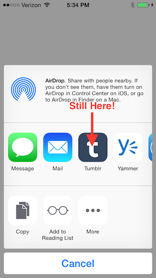 iOS 8.1's share sheet with Tumblr